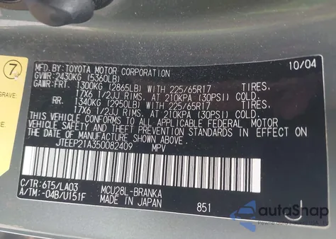 2005 Toyota Highlander Limited V6 z USA, uszkodzony, nr VIN JTEEP21A350082409